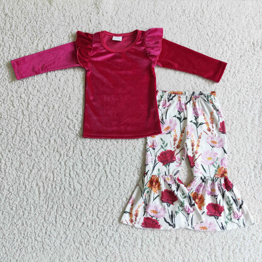 Fall Outfits Burgundy Velvet Flower Girls Set