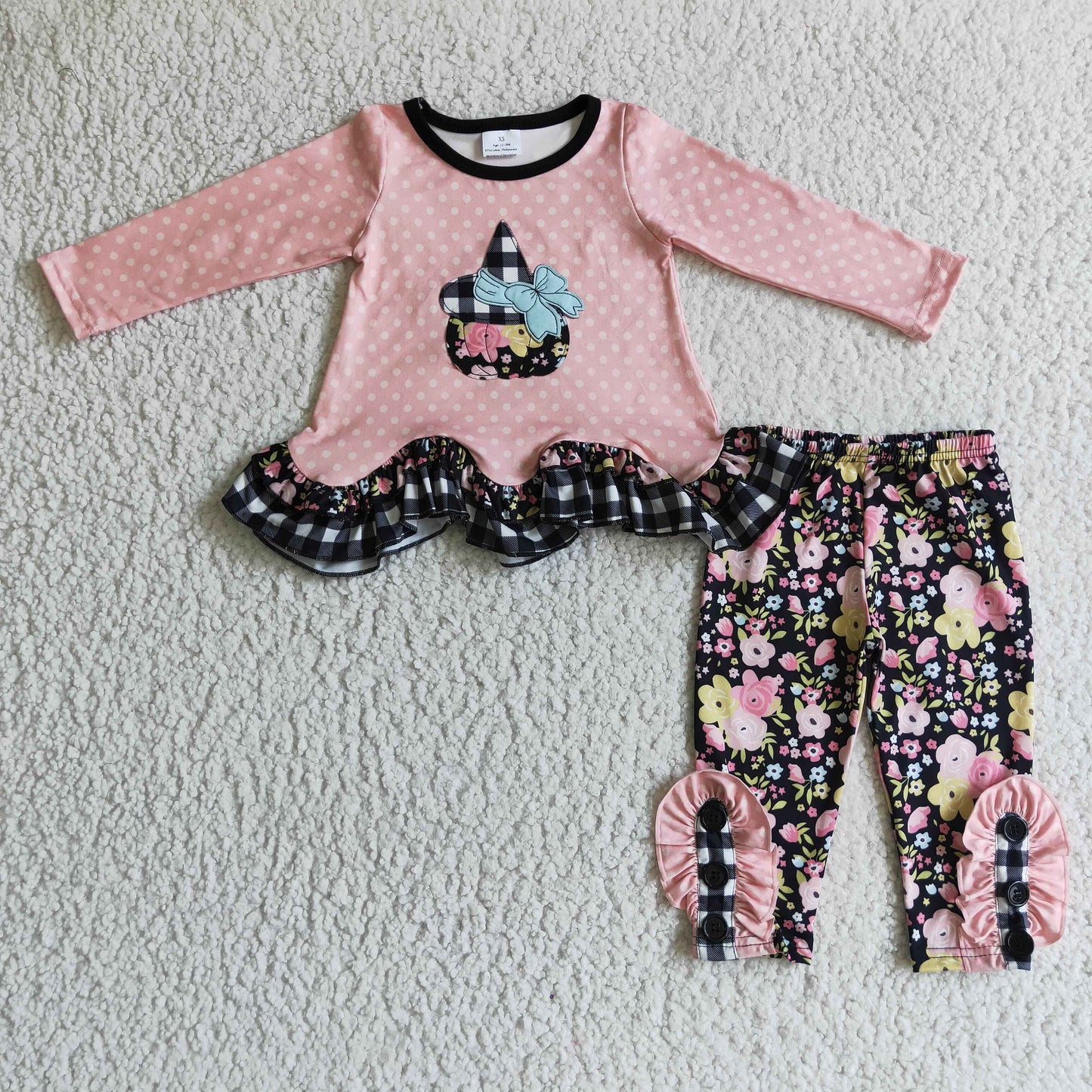 Fall Outfits Embroidery Pink Pumpkin Flowers Ruffle Girls Set