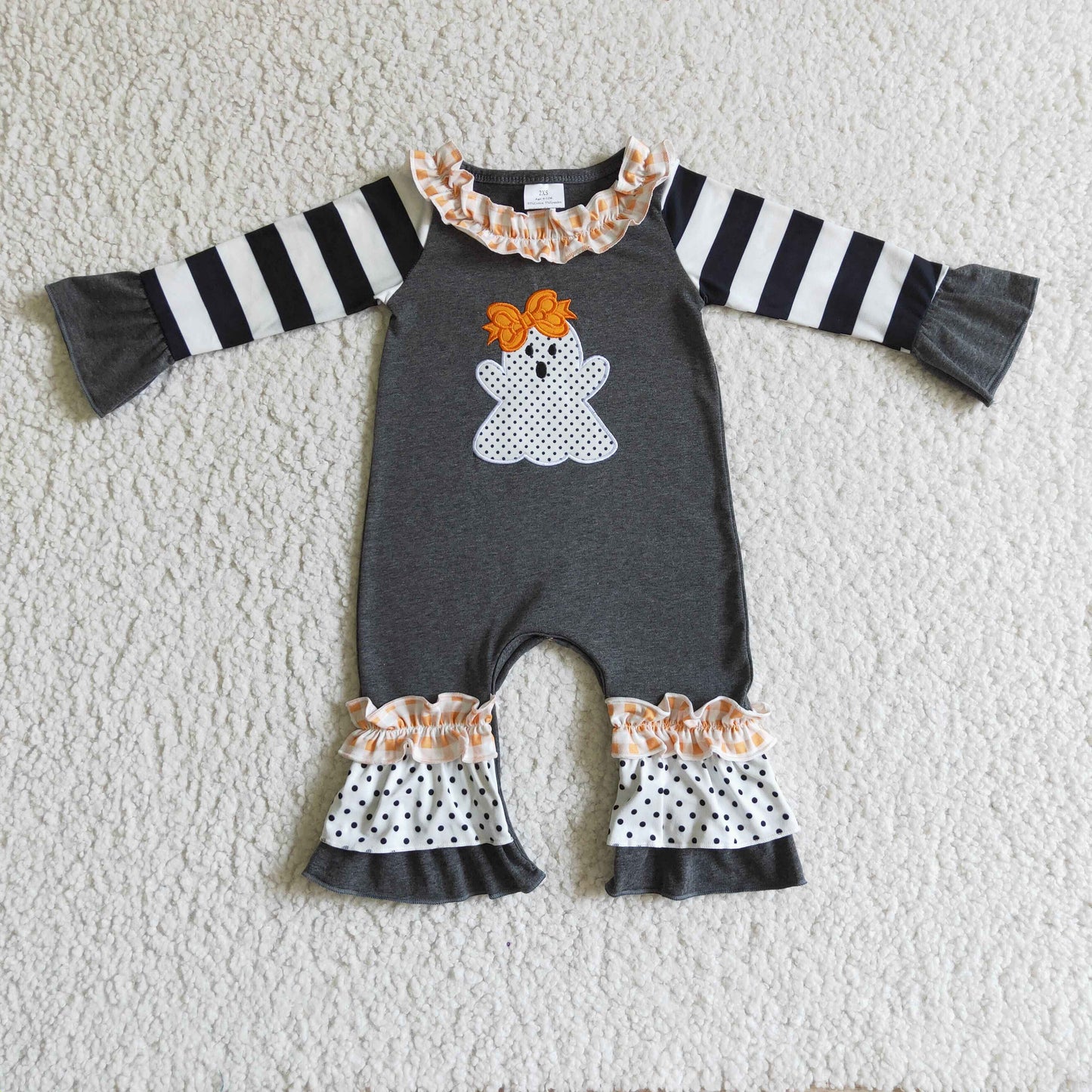 Halloween Embroidery Grey Girls Romper