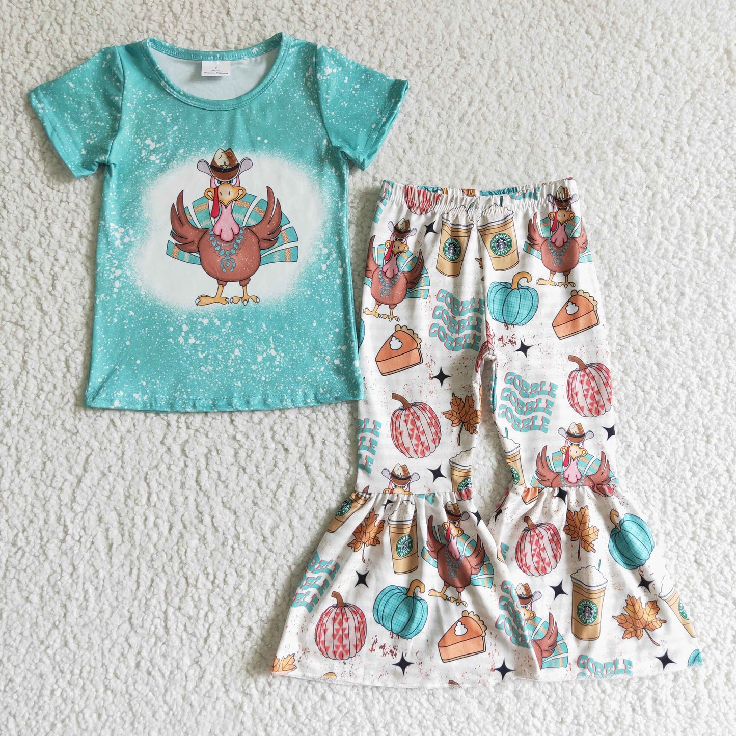 Thanksgiving Turkey Blue Cartoon Girls Set