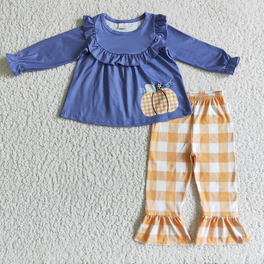Pumpkin Plaid Long Sleeve Trousers Girls Set