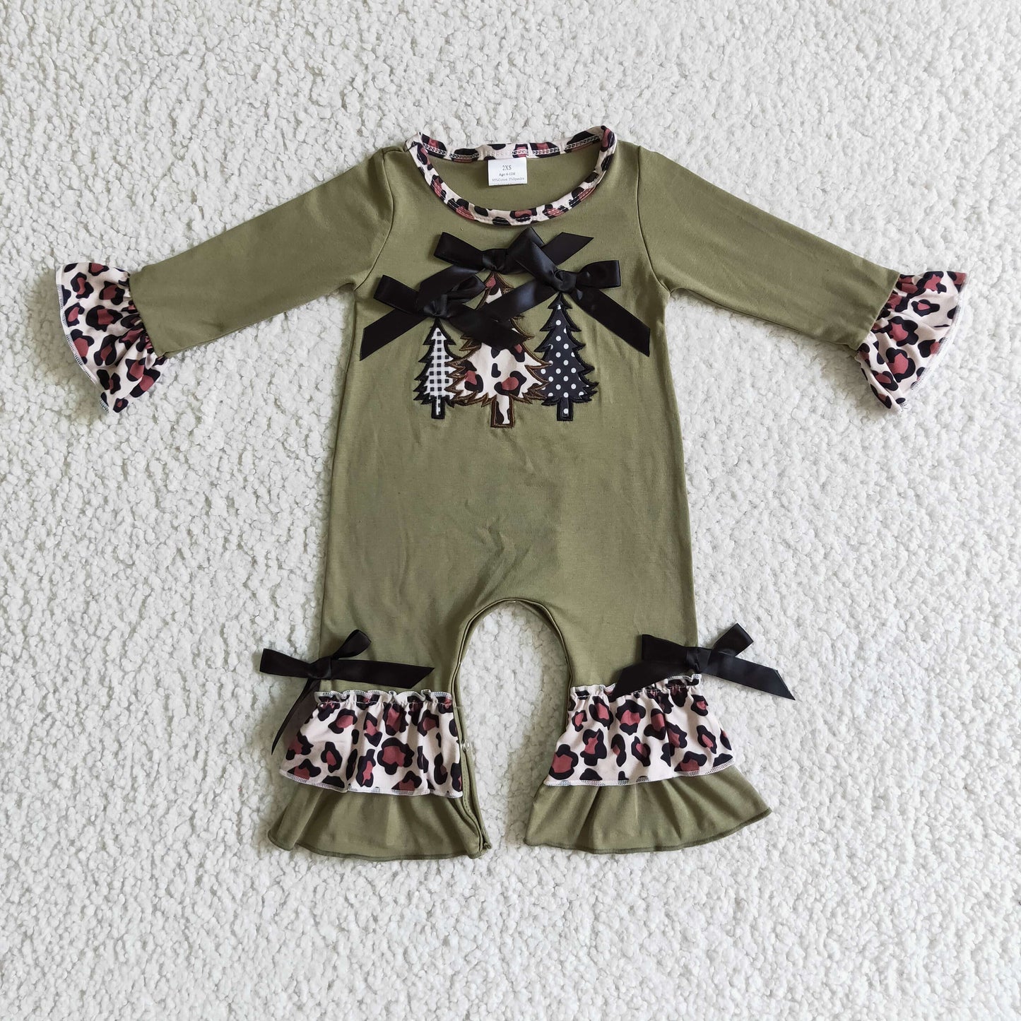 Christmas Embroidery Brown Leopard Tree Romper