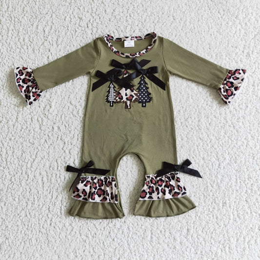 Christmas Embroidery Brown Leopard Tree Romper