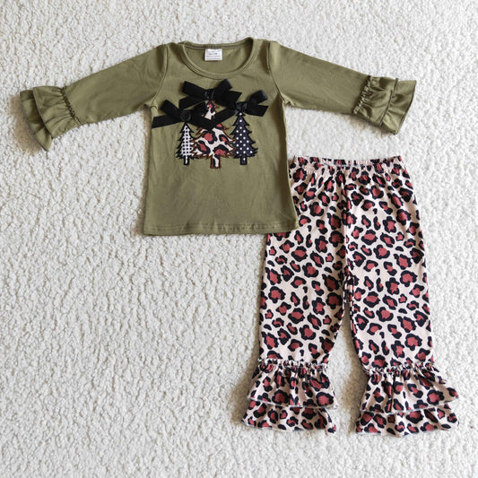 Christmas Embroidery Leopard Tree Girls Set