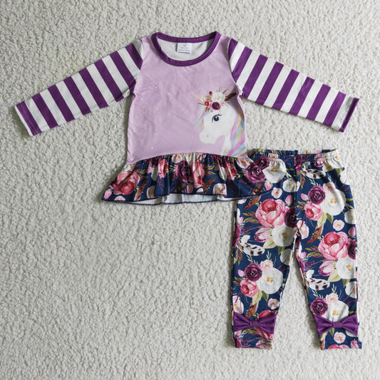 Purple Striped Unicorn Girls Set