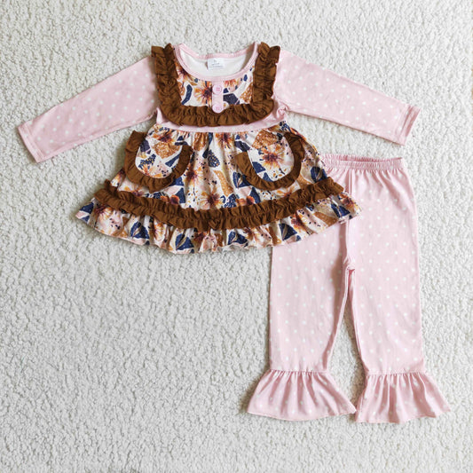 Fall Outfits Pink Pocket Flowers Ruffle Girls Set