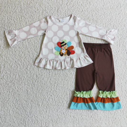 Thanksgiving Embroidered Turkey Leopard Girls Outfits