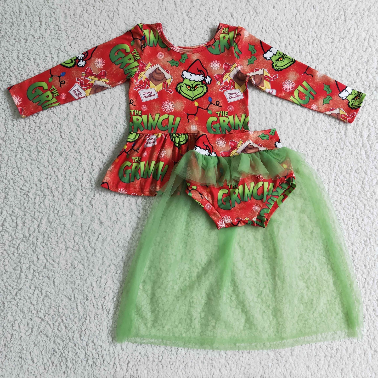 Baby Christmas Green Cartoon With Lace outfits