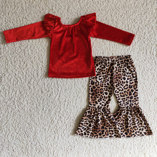 Red Velvet Leopard Ruffle Girls Set