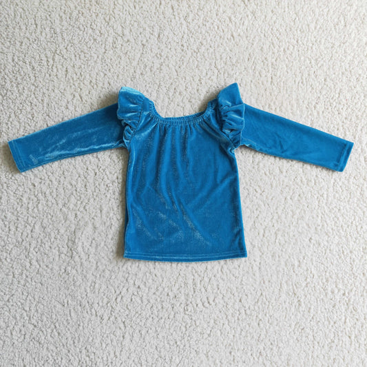 Blue Velvet Ruffle Girls Top