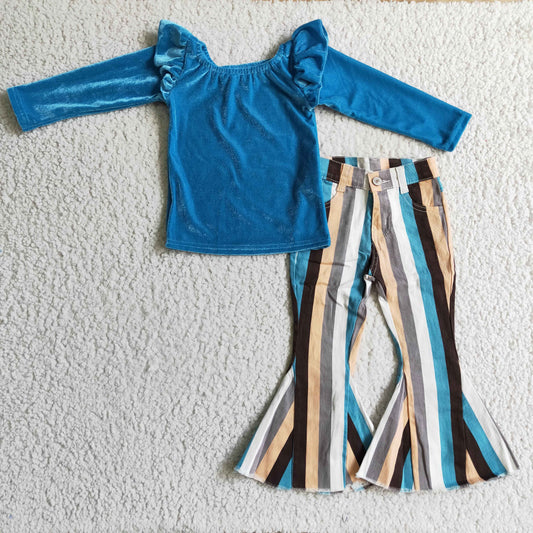 Fall Outfits Blue Velvet Top Jeans Bell Pants Gilr‘s Outfits