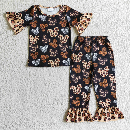 Leopard Cartoon Short Top Ruffle Pajamas