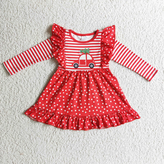 Christmas Red Car Stripe Dots Girls Dress