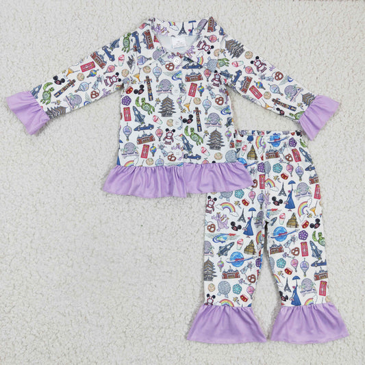 Purple Cartoon Ruffle Girls Pajamas