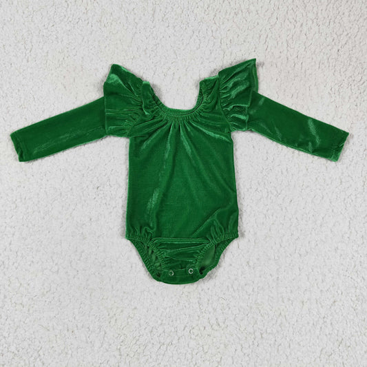 Green Velvet Leo Dance Leotard Ruffle Long Sleeve Leo Baby Romper