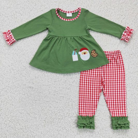 Christmas Green Embroidery Cookies Santa Girls Outfits