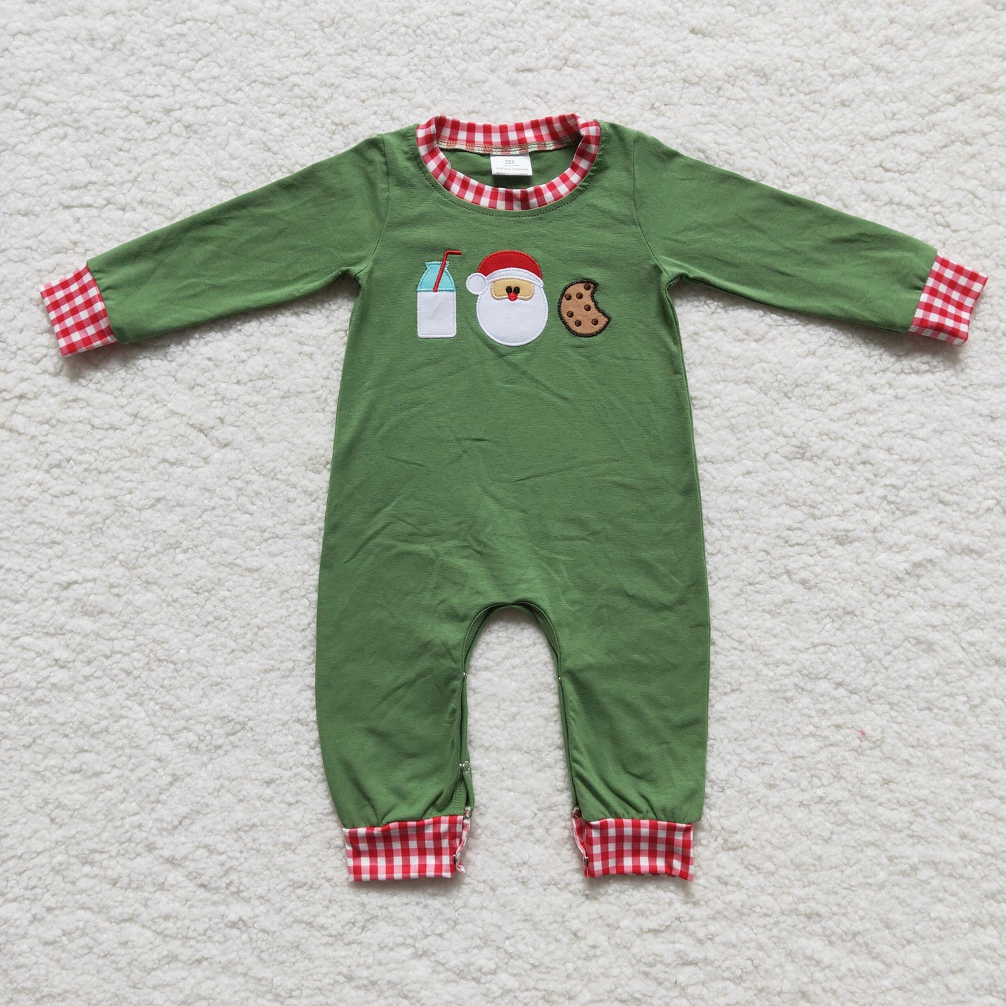 Christmas Green Embroidery Cookies Santa Baby Boy Romper