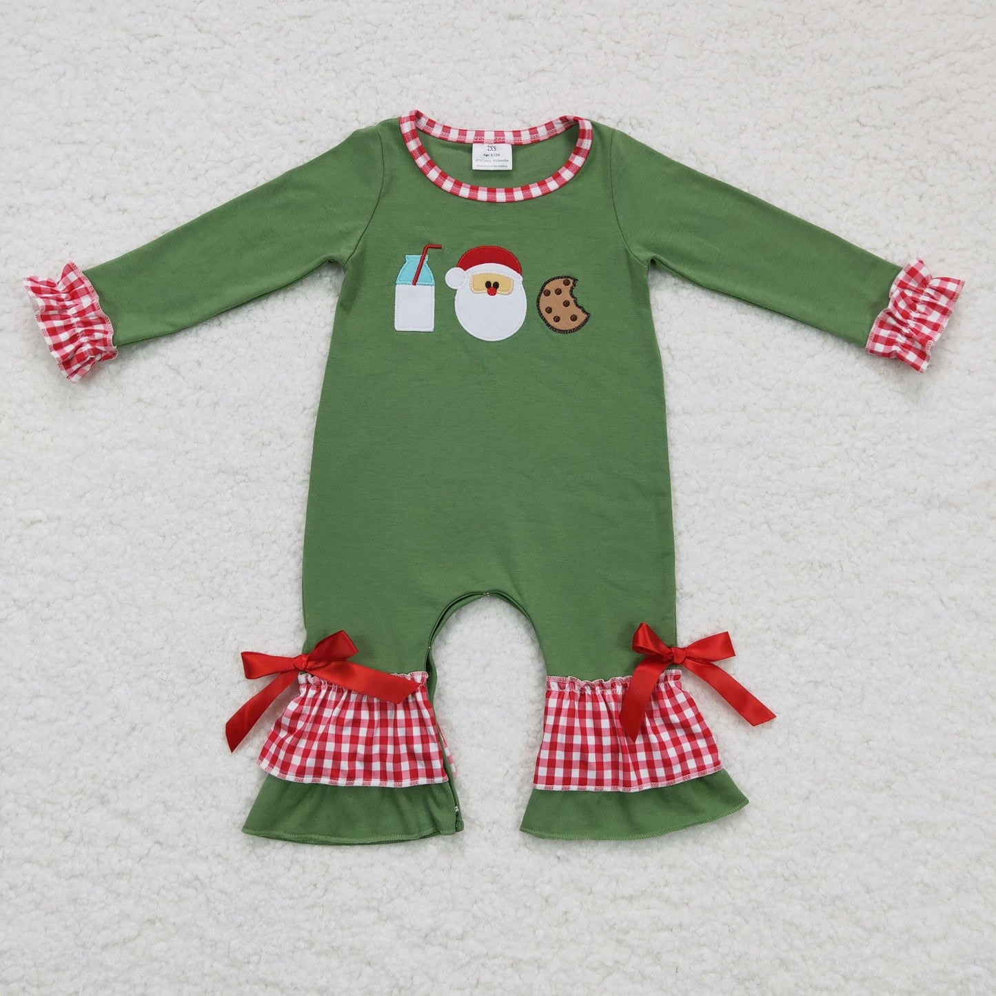 Christmas Green Embroidery Cookies Santa Baby Girls Romper