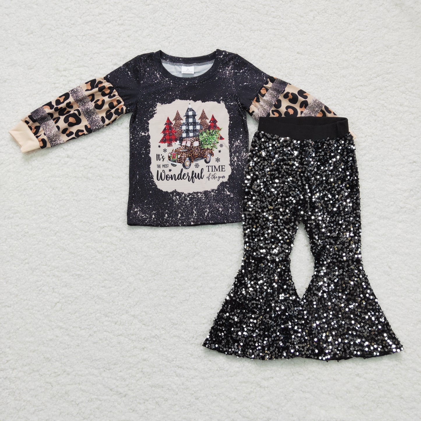 Merry Christmas Black Sequins Bell Pants Girls Set