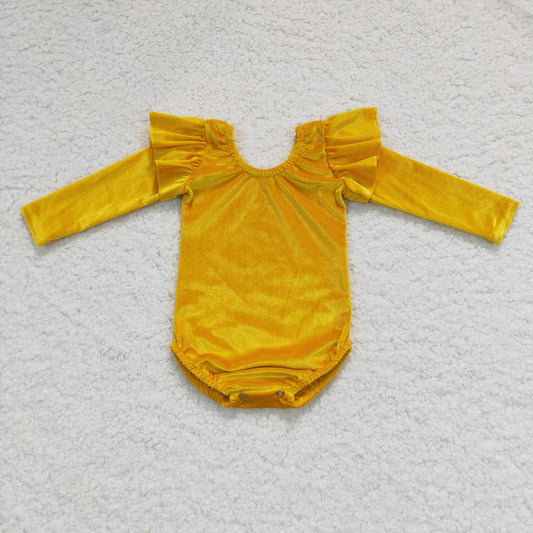 Yellow Velvet Leo Dance Leotard Ruffle Long Sleeve Leo Baby Romper