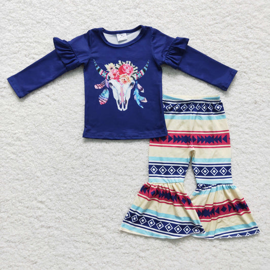 Dark Blue Flower Cow Girls Outfits