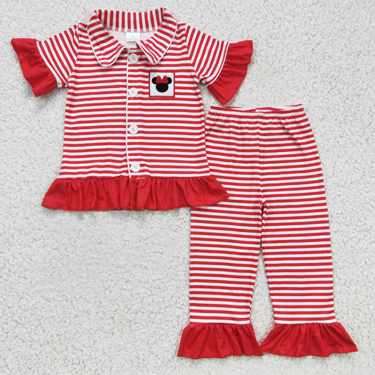 Red Striped Embroidery Cartoon Girls Paj