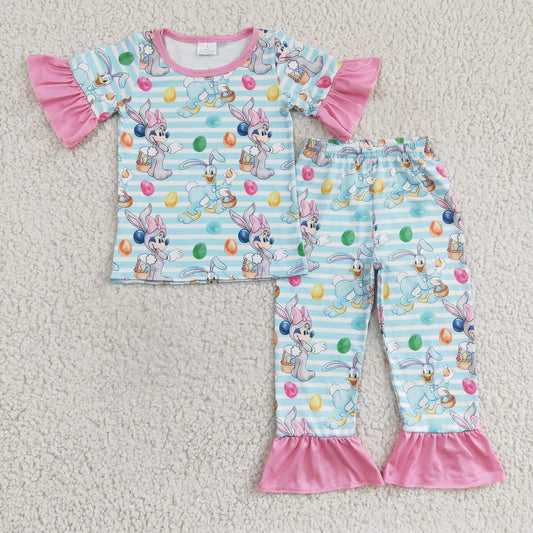 Easter Blue Striped Cartoon Girls Pajamas