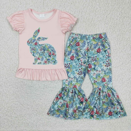 Pink Easter Bunny Blue Flowers Girl Outfits