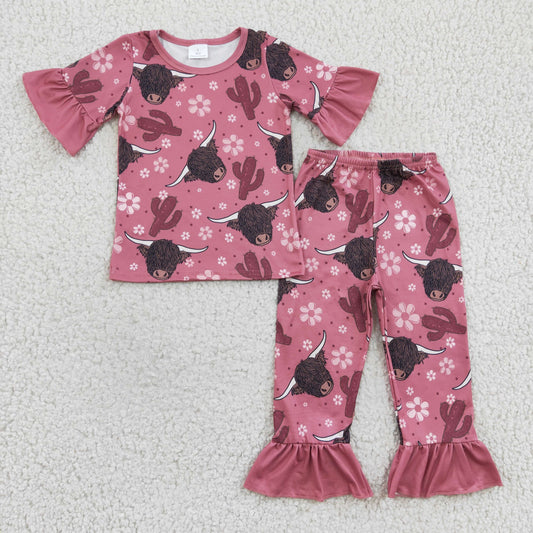 Pink Cactus Highland Cow Girls Pajamas