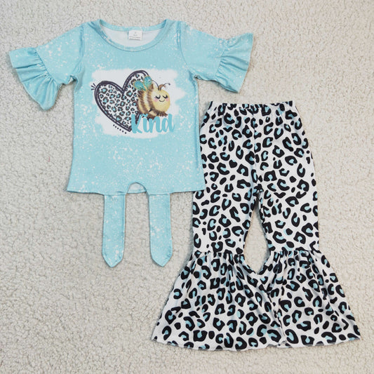 Valentine's Day Blue heart Bee Leopard Print Girls Set