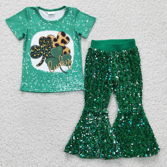 St patrick Day Luckly Baby Shirt Sequin Bell Pants