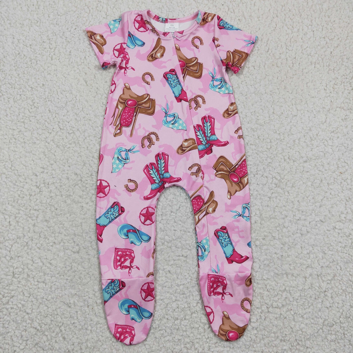 Western Pink Boot Baby Romper With zipper