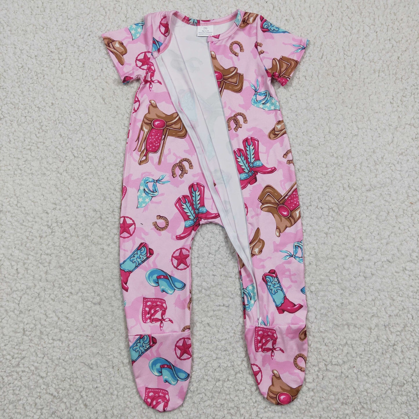 Western Pink Boot Baby Romper With zipper