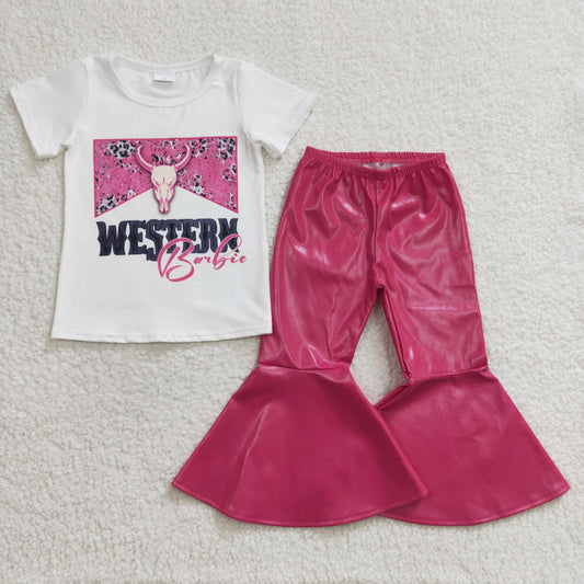 Pink Western Cow Shirt leather Girls Bell Bottom