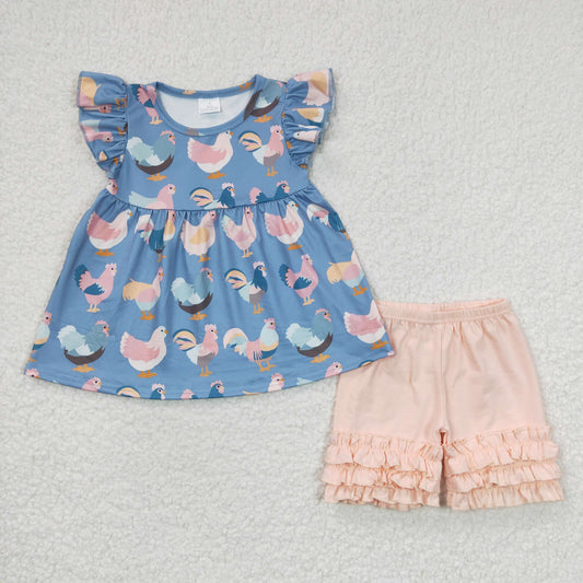 Blue Chicken Pink Short Summer Girls Set