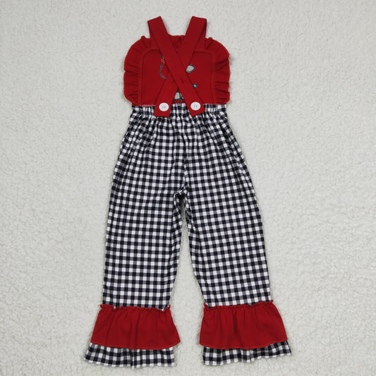 Red Embroidered Cow Black Plaid Jumpsuit
