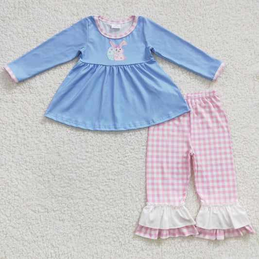 Easter Blue Embroidered Set Pink Plaid Pants