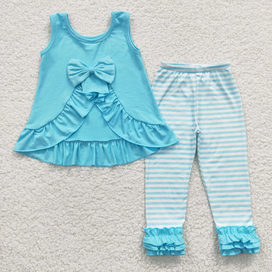 Blue With Bow Stripe Pants Girls Set