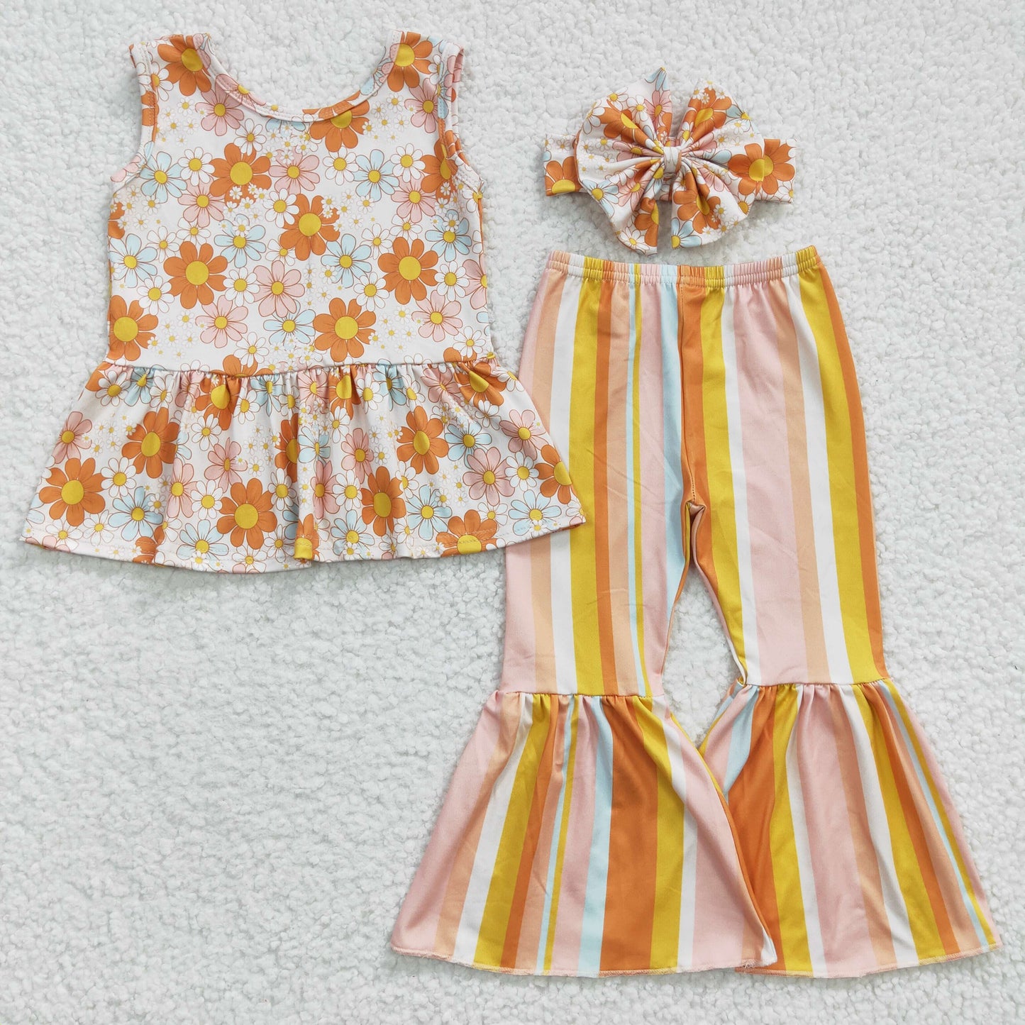 Yellow Striped Flowers Girl Outfits