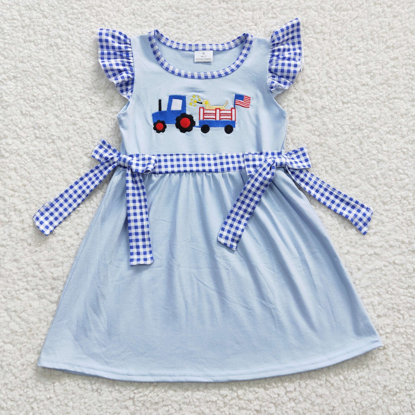 Blue Stripe Embroidery July of 4th Girls Dress