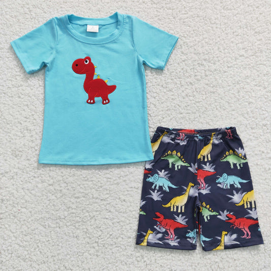 Embroidery Blue Dinosaur Summer Boy Set