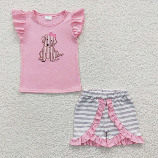 Pink Embroidery Dog Short Summer Set