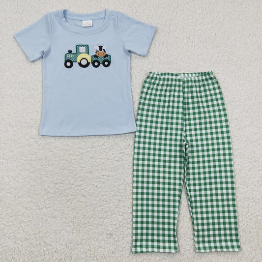 Blue Cow Embroidered Car Boy Outfits