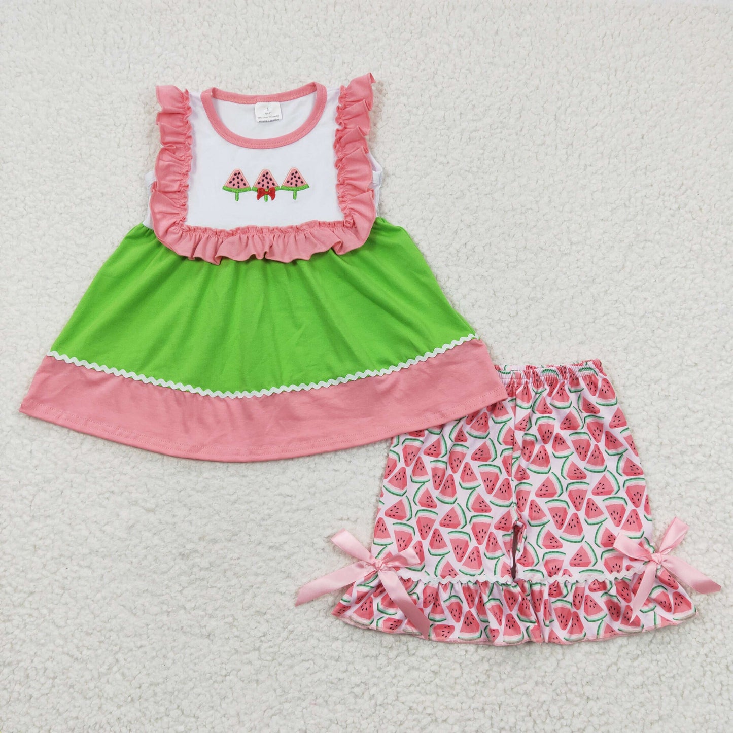 Summer Watermelon Embroidery Ruffle Short Outfits