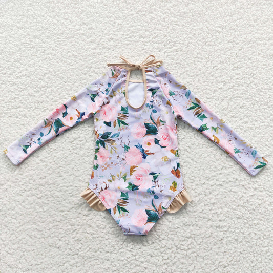 Long Sleeve Flowers one pc Girls Summer Swimsuit