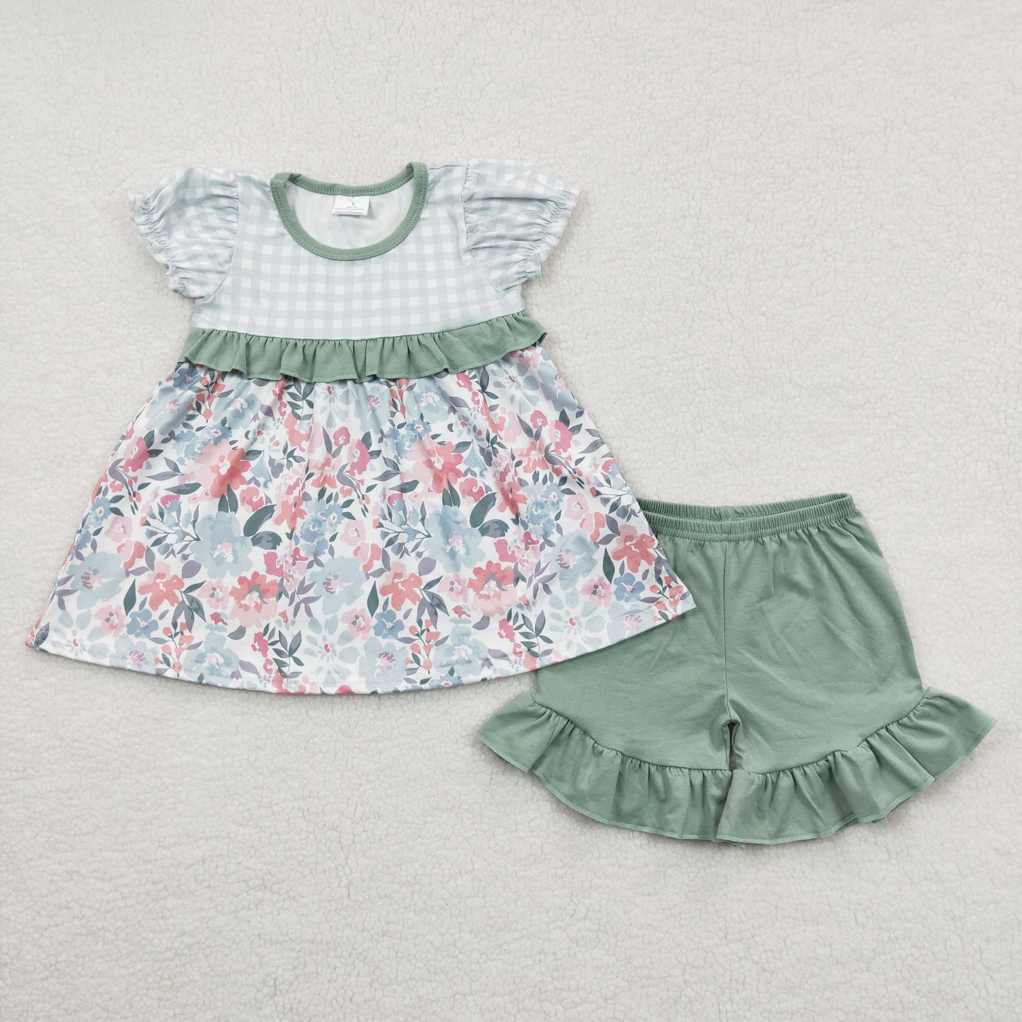 Green Flowers Ruffles Girls Set