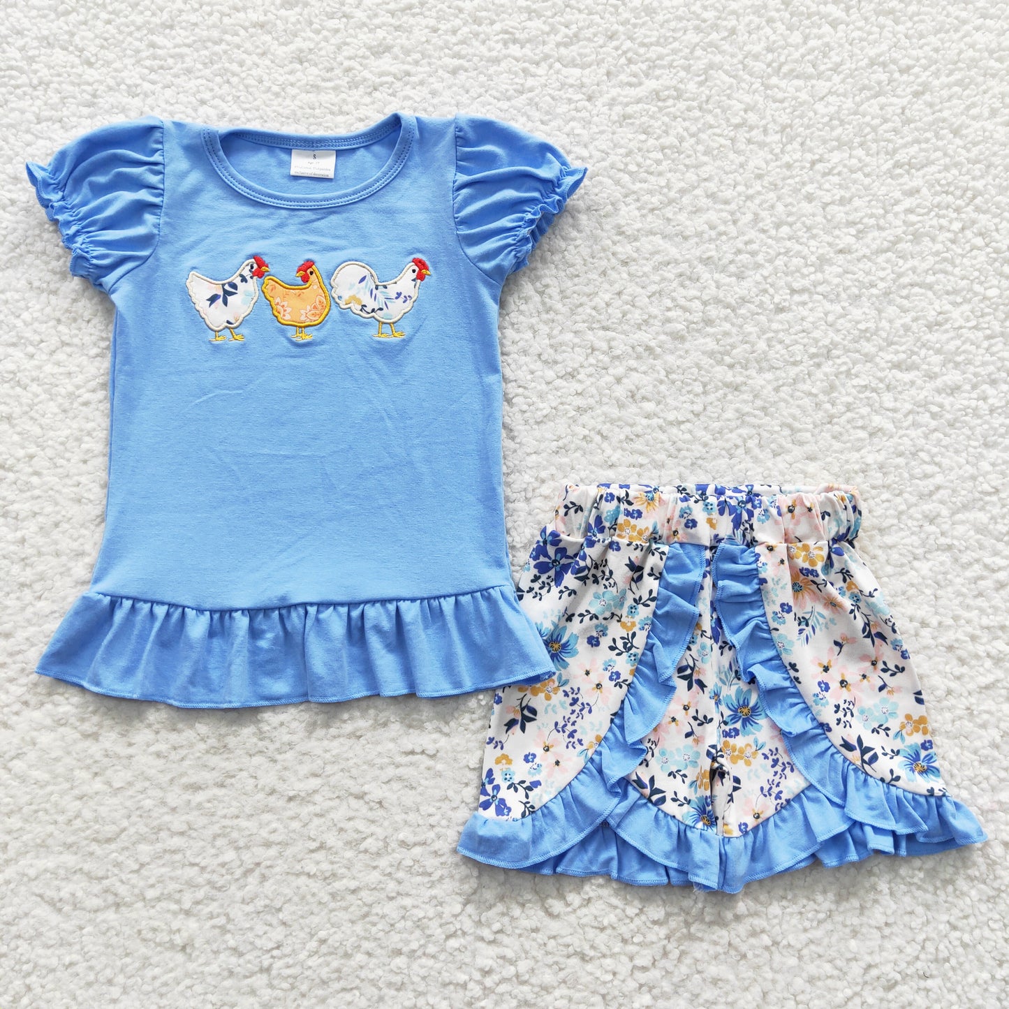 Embroidered Blue Flower Chicken Girls Suit Summer Set