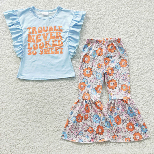Blue Ruffle Flowers Girl Outfits