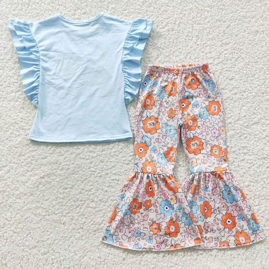 Blue Ruffle Flowers Girl Outfits