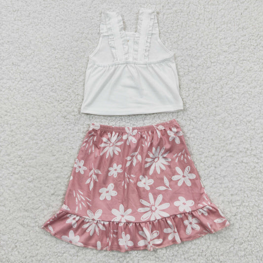 Pink Flowers Skirt Girls Summer Set